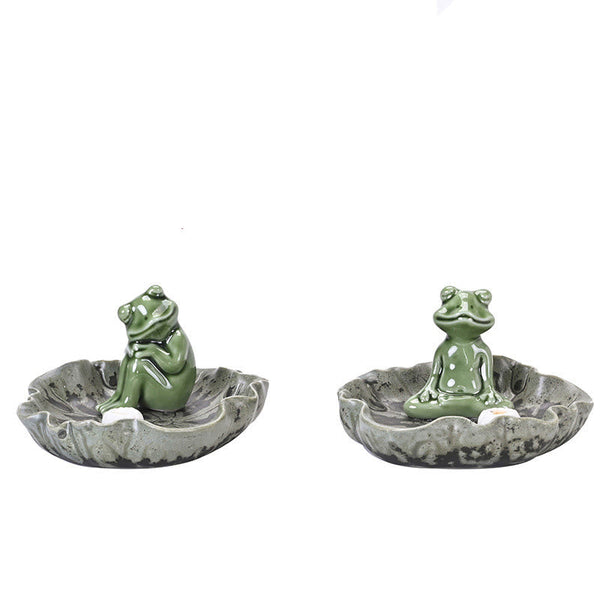 Ceramic Frog Incense Burner – Two frog poses on white, green and gray, Whimsical pair