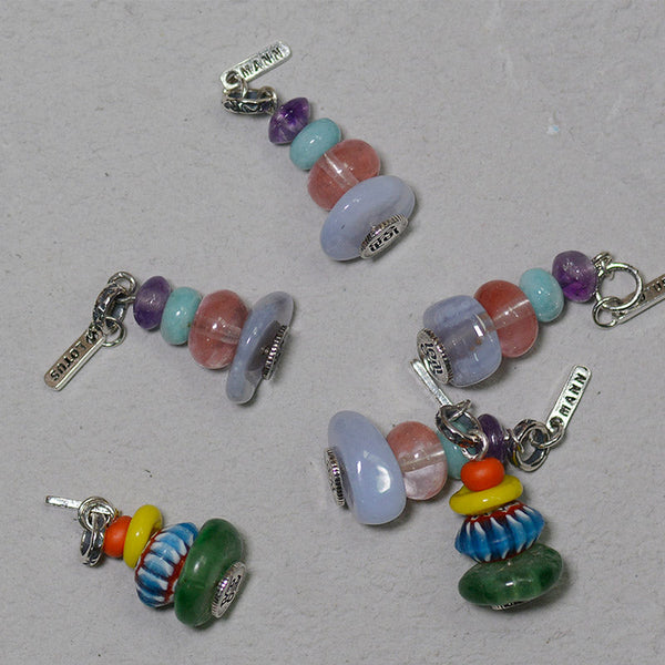 Zen Cairn Crystal Pendant – pastel beaded charms with amethyst rose quartz aquamarine on gray, crystal pendant set
