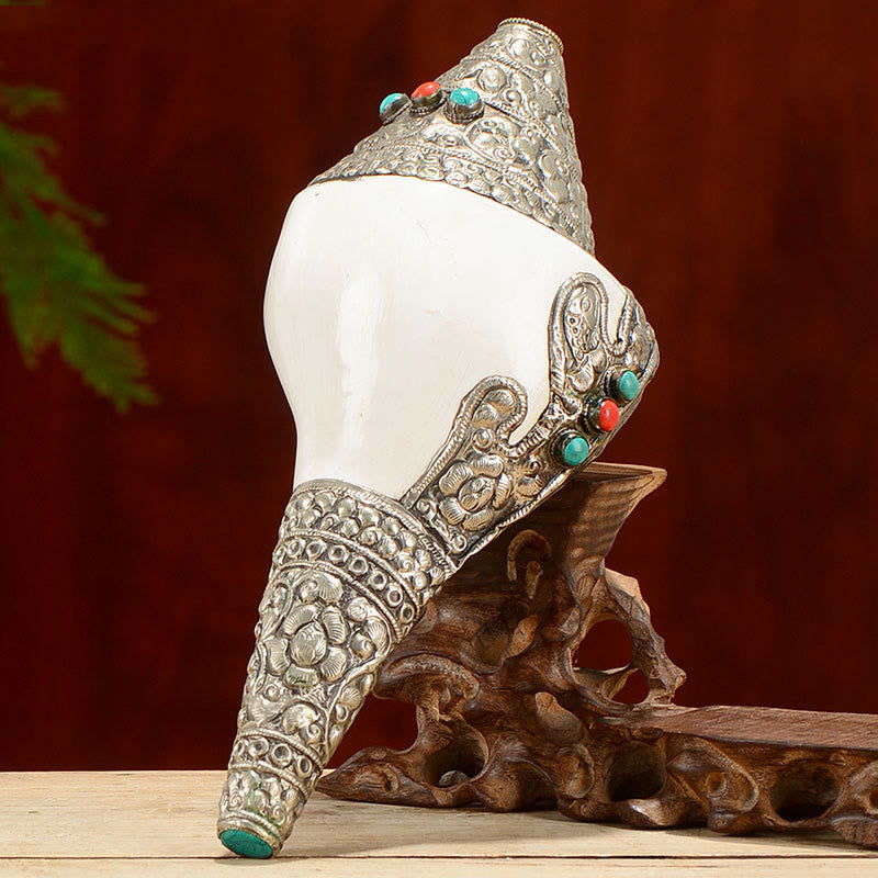Tibetan Shankha Conch Shell Decoration – Conch three-part silver mount, turquoise coral, carved wood cradle, Authentic
