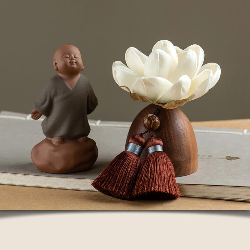 Black Peach Wood Buddha Flower Decoration – carved floral motif around crown, artisan wood carving