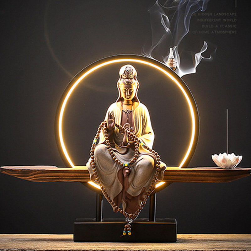 Buddha Avalokitesvara Ceramic Lotus Relaxation Incense Burner – Polished ceramic Guanyin burner, tranquil meditation decor