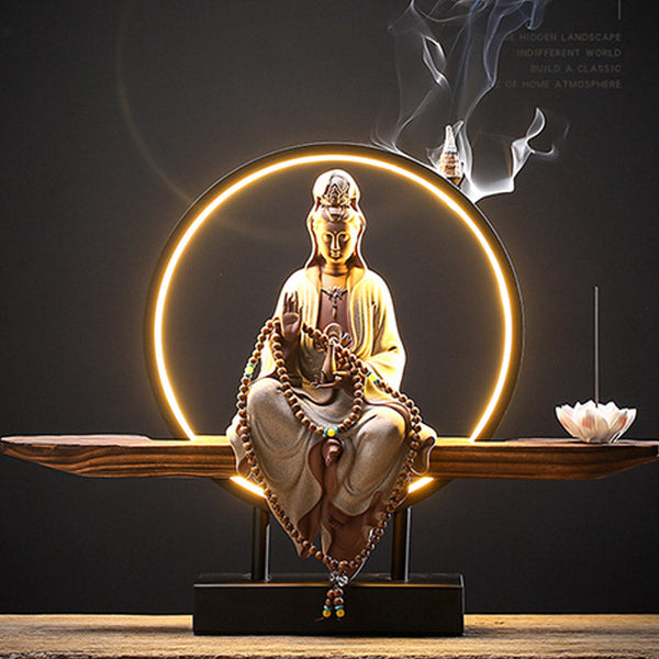 Buddha Avalokitesvara Ceramic Lotus Relaxation Incense Burner – Polished ceramic Guanyin burner, tranquil meditation decor
