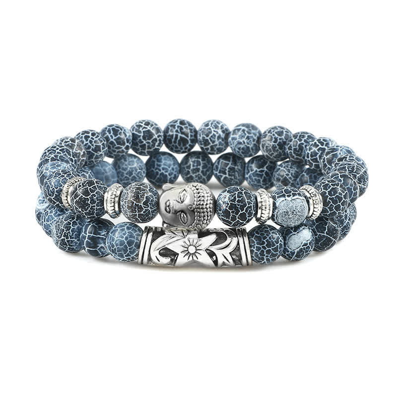 Natural Agate Buddha Protection Bracelet – Blue crackle agate beads with silver Buddha charm front view, serenity jewelry