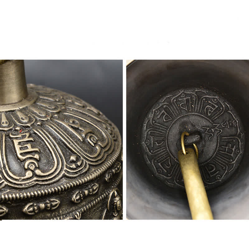 Tibetan Buddha Dragon Bell full front view on white background, two-row Buddha relief, classic, serene
