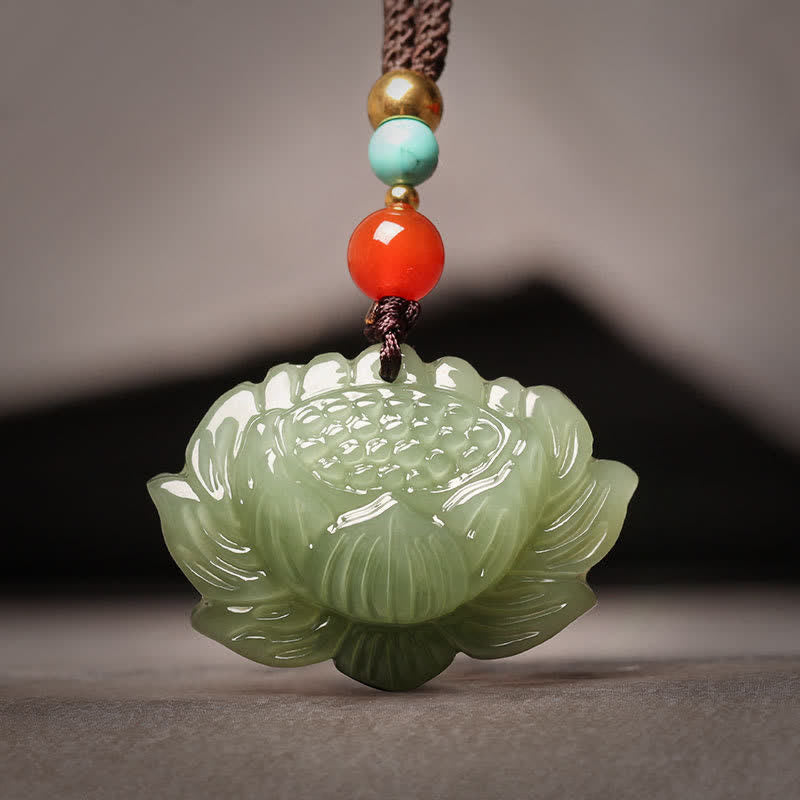 Hetian Cyan Jade Lotus Necklace – carved celadon lotus with turquoise and carnelian beads, spiritual healing