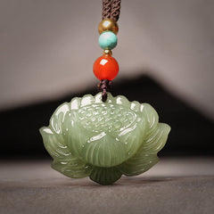 Hetian Cyan Jade Lotus Necklace – carved celadon lotus with turquoise and carnelian beads, spiritual healing