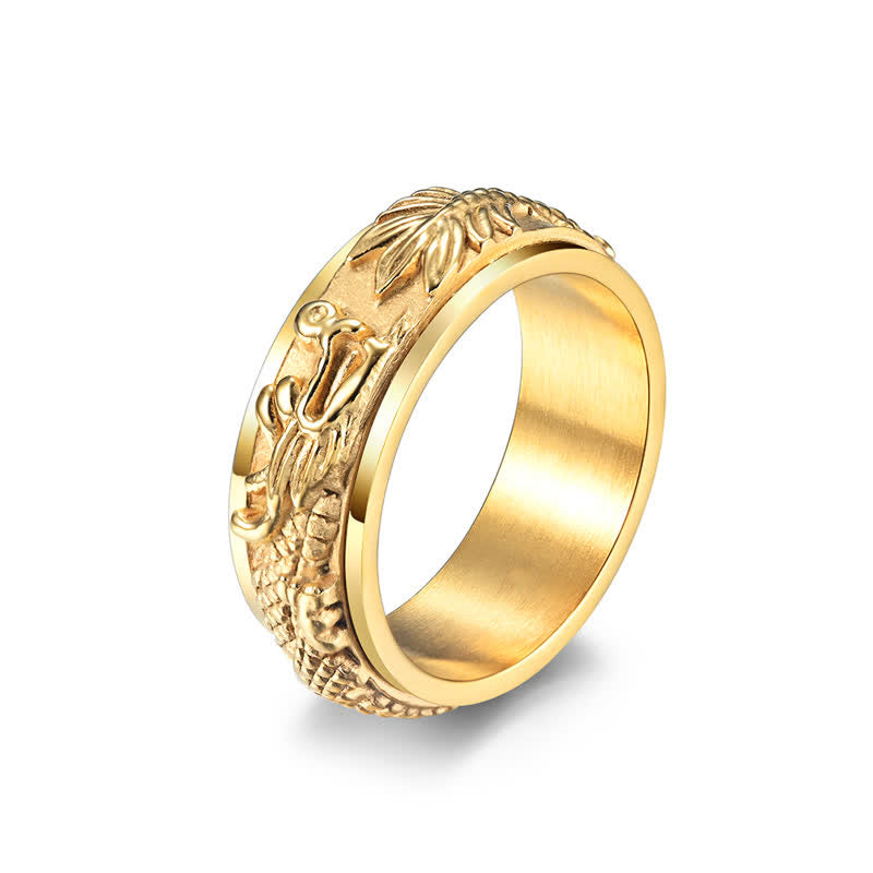 Dragon Titanium Steel Ring – All-gold dragon spinner with leaf accents, protective