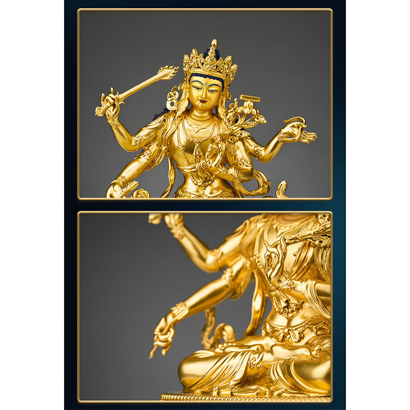 Four-Armed Manjusri Bodhisattva Gold Copper Statue Home Decor – snow lion throne paws, ornate sculpture base