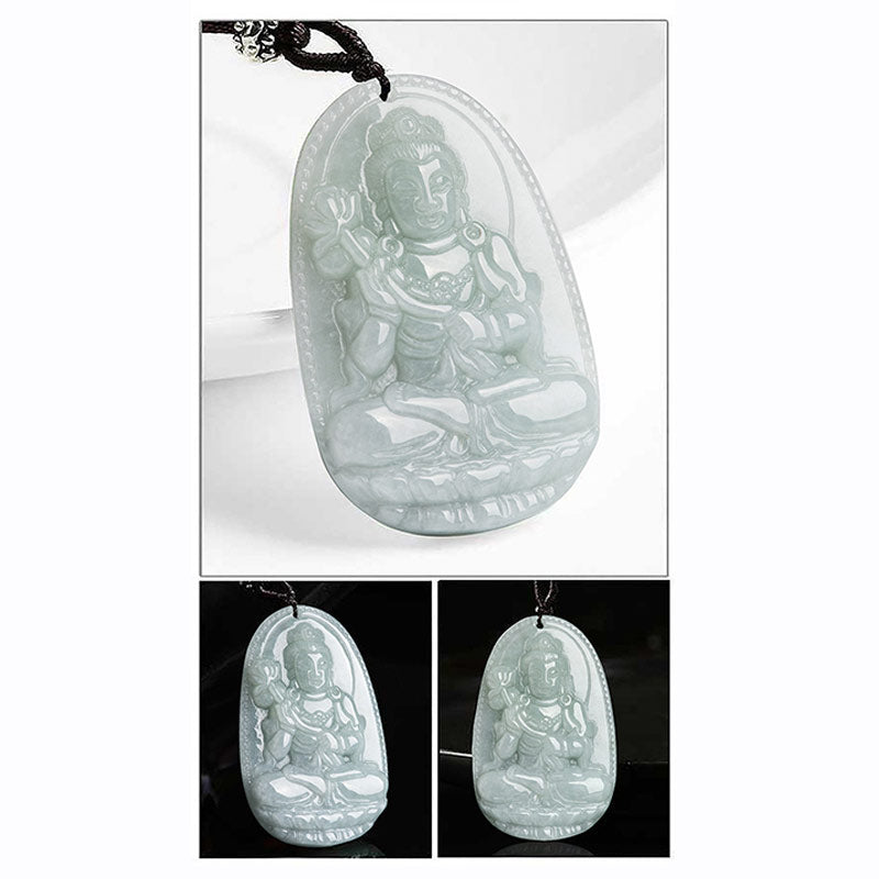 Zodiac Buddha Jade Necklace – macro detail of jade Buddha hand and robe texture, glossy polished finish closeup