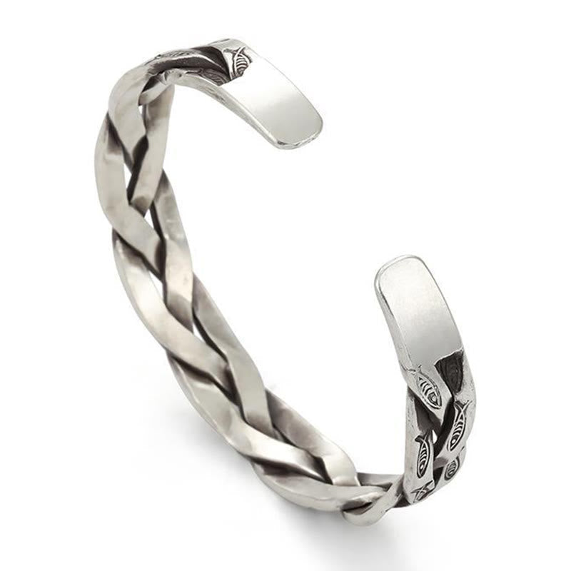 Koi Fish Twisted Cuff Bracelet – close-up koi head detail, open mouth fin carving