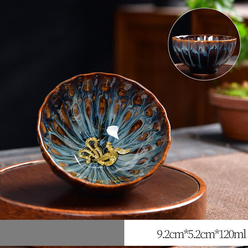 Lotus Peacock Dragon Phoenix Koi Fish Ceramic Teacup – macro of dragon and phoenix together, imperial ceramic art