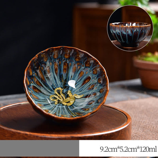 Lotus Peacock Dragon Phoenix Koi Fish Ceramic Teacup – macro of dragon and phoenix together, imperial ceramic art