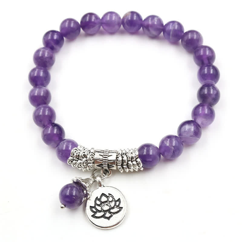 Amethyst Lotus Bracelet - full circle on white, lotus charm with amethyst drop, healing crystal