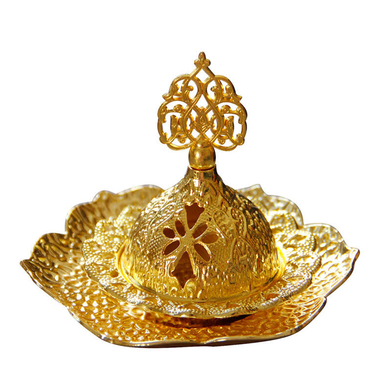Gold Leaf Coaster Incense Burner on white background, ornate pierced dome with finial, alloy incense burner