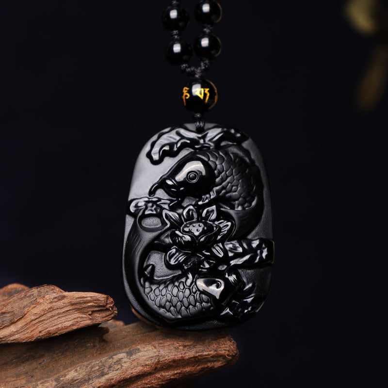 Black Obsidian Koi Fish Lotus Beaded Necklace – full front view on white background, obsidian healing jewelry