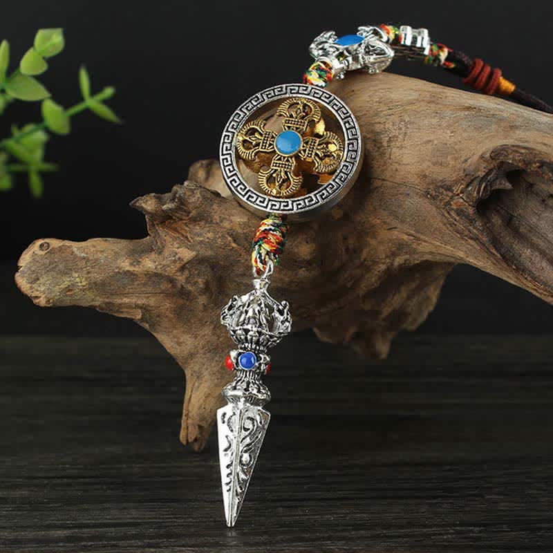 Tibetan Vajra Dorje Car Hanging – Pendant with turquoise medallion and phurba on driftwood, car mirror decor