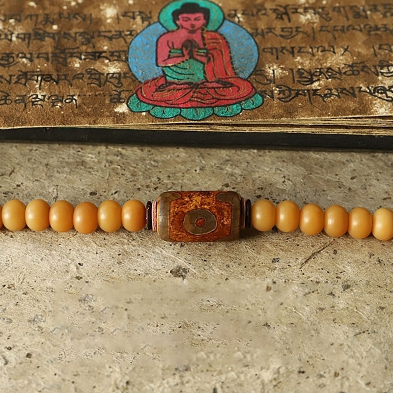 108 Bodhi Seed Mala Bracelet – Amber bracelet with Dzi center bead on stone, Tibetan wrist mala