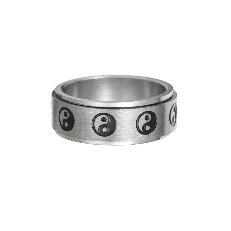 Yin Yang Titanium Steel Ring - Black and silver fidget rings on leather, spinner ring