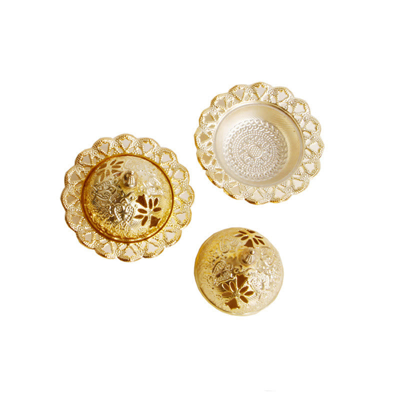 Tibetan Gold Mini Meditation Incense Burner – Disassembled lid top and side, interior base pattern, floral ventilation holes