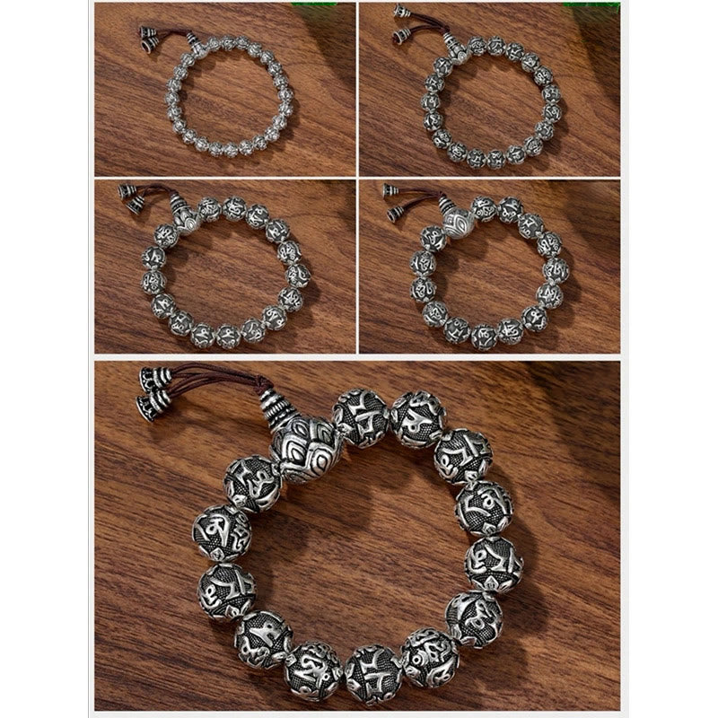 Om Mani Padme Hum Bracelet – Five-panel grid showing carved silver beads in graduated sizes