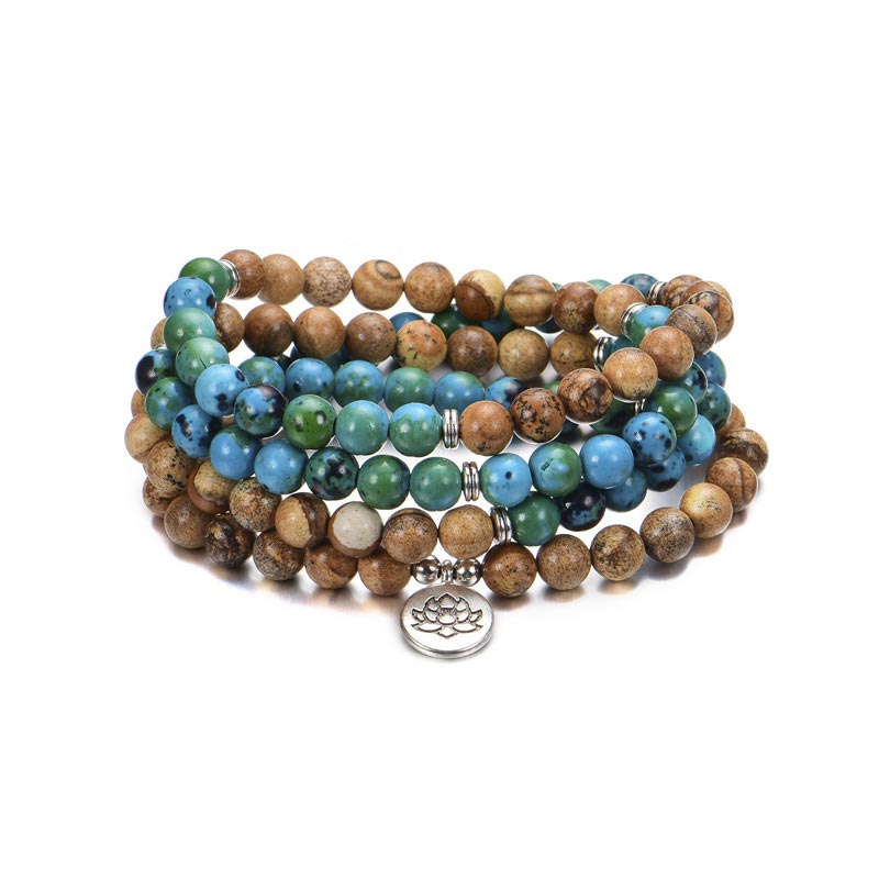 108 Meditation Healing Multilayer Mala – Coiled turquoise and brown bead stack on white, zen healing