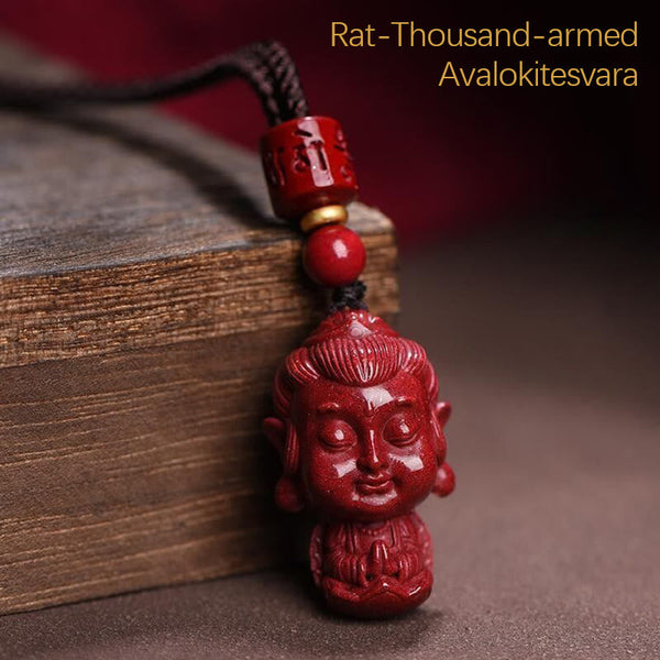 Chinese Zodiac Cinnabar Pendant – Rat zodiac Thousand-armed Avalokitesvara carving, spiritual amulet