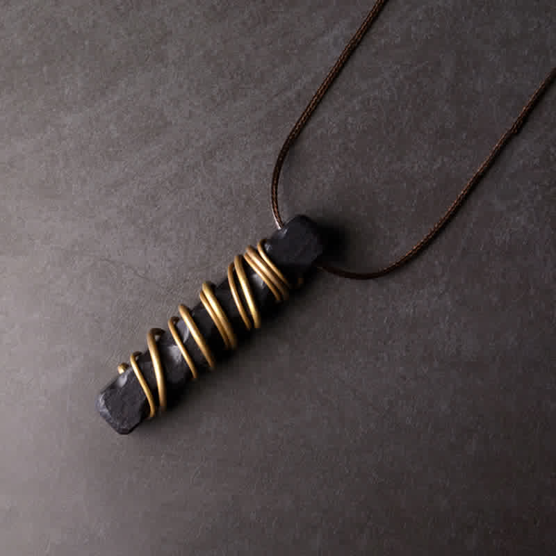 Ebony Wood Pendant Necklace – Wire wrapped crystal pendant on leather cord, bohemian amulet
