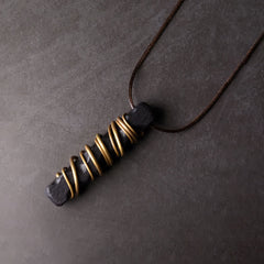 Ebony Wood Pendant Necklace – Wire wrapped crystal pendant on leather cord, bohemian amulet