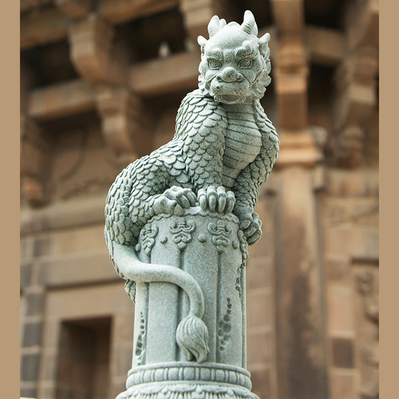 Feng Shui Dragon Sandstone Statue qilin on pedestal in outdoor temple courtyard, guardian, timeless