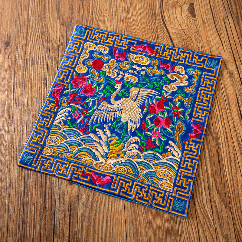 Phoenix Dragon Kirin Embroidery Tea Cup Mat - Royal blue base gold crane meander border, Noble Crane