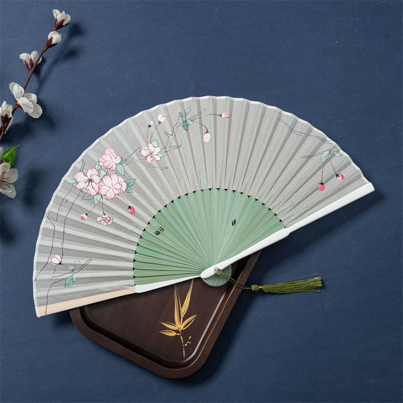 Lotus Begonia Jasmine Handheld Bamboo Folding Fan - pink begonia blossoms with green leaves, sage green ribs
