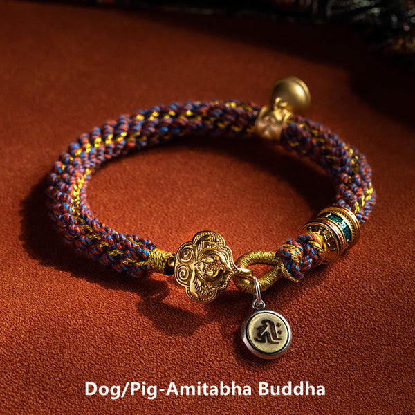 Om Mani Padme Hum Braided Bracelet – Dog Pig zodiac with Amitabha Buddha gold centerpiece and enamel bead