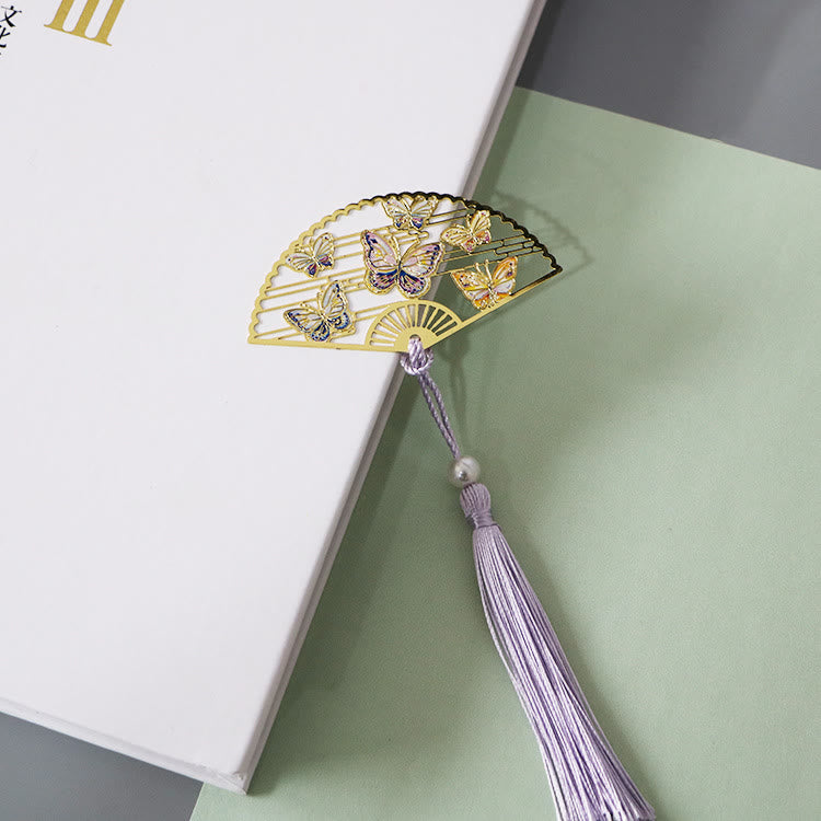 Brass Hollow Fan Bookmark - Five butterfly cutout with lavender tassel and pearl, delicate