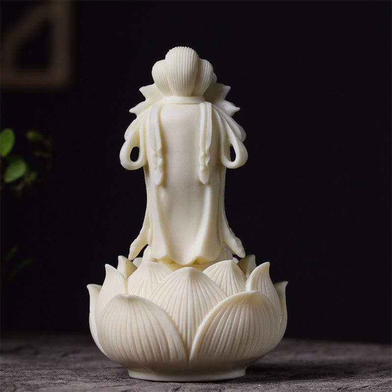 Kwan Yin Ivory Fruit Lotus Decoration - rear view of ivory bodhisattva on lotus pedestal, Elegant