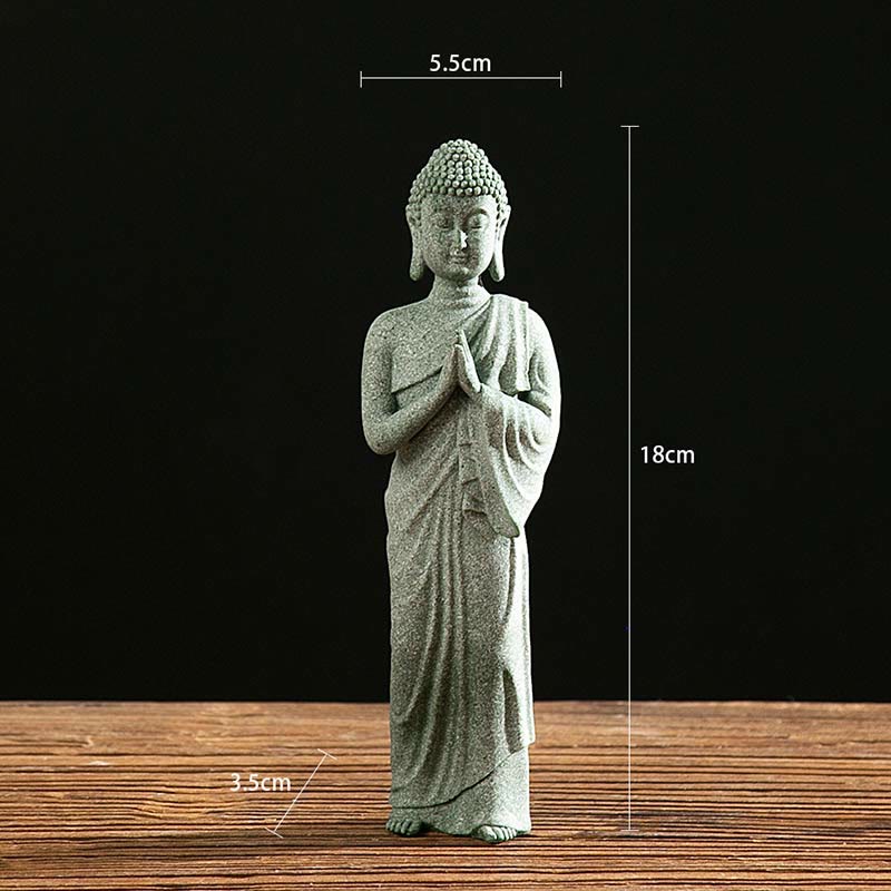 Green Sandstone Buddha Statue – Standing Buddha in namaste with dimensions, front-view