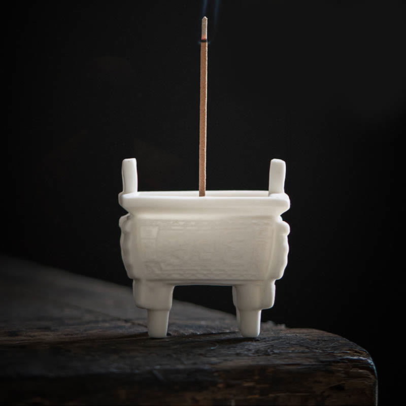 Dragon Ceramic Incense Burner – with robed scholar figurine on rustic wood, smoke trails, spiritual