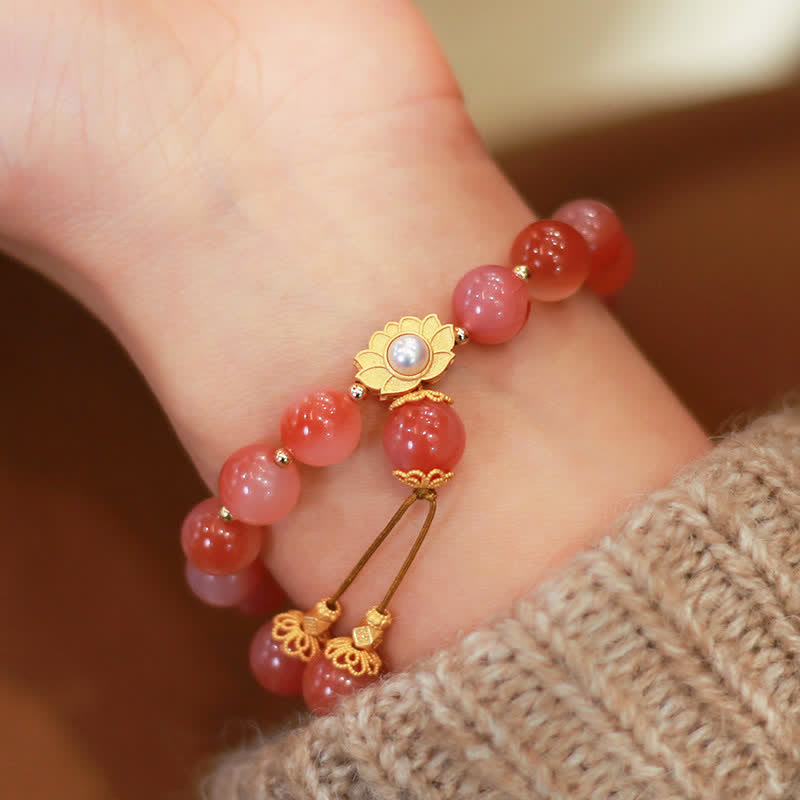 925 Silver Yanyuan Agate Lotus Bracelet – pink agate beads gold lotus tassel on wrist, gemstone bracelet