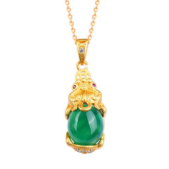 Natural Jade Pixiu Necklace – green jade Pixiu pendant on gold chain white background, prosperity