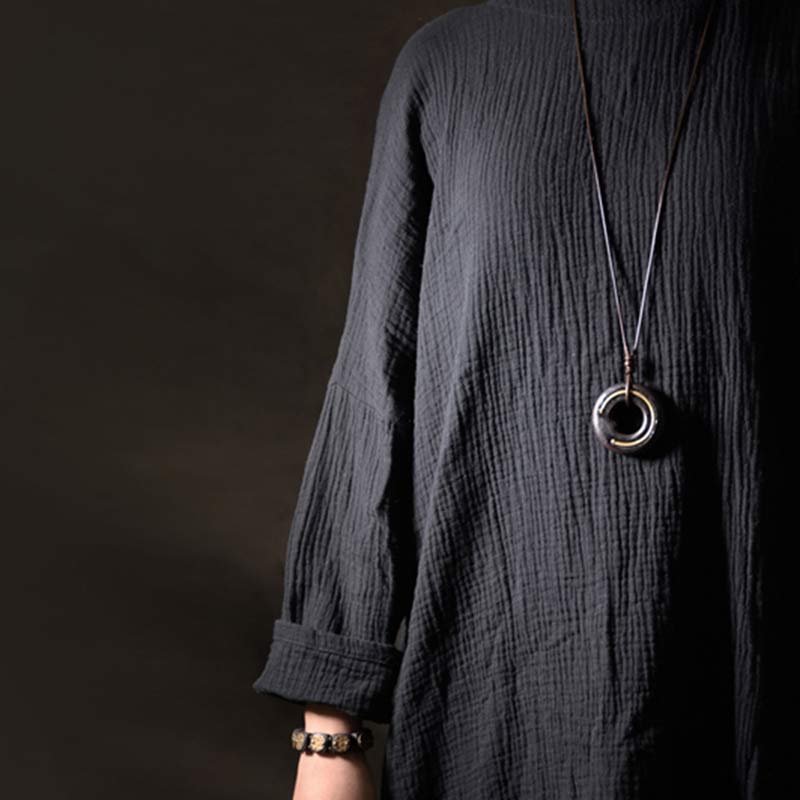 Dark Crinkle Tunic Dress - bohemian textured garment styled with pendant necklace, minimalist women's fashion