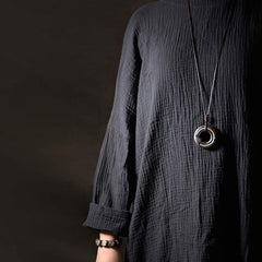 Dark Crinkle Tunic Dress - bohemian textured garment styled with pendant necklace, minimalist women's fashion
