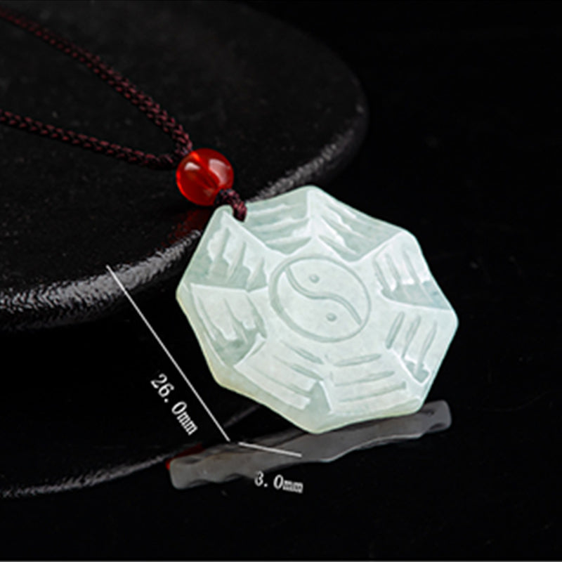 Natural Jade Bagua Yin Yang Luck Necklace - 26mm jade bagua pendant with size reference, carved yin yang amulet detail