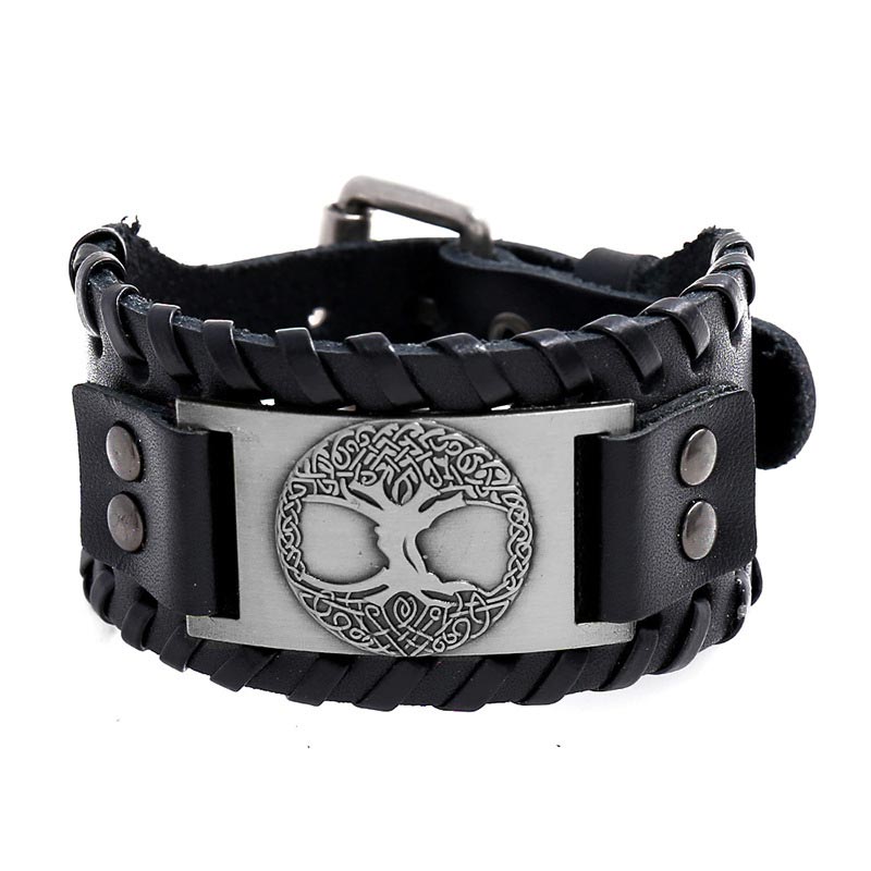 Tree of Life Copper Leather Bracelet – black leather cuff with silver Tree of Life plaque and braided edges, white background
