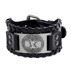 Tree of Life Copper Leather Bracelet – black leather cuff with silver Tree of Life plaque and braided edges, white background