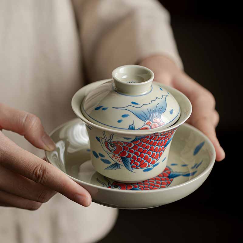 Koi Sancai Gaiwan – front view with lid showing koi fish, ceramic 130ml teacup