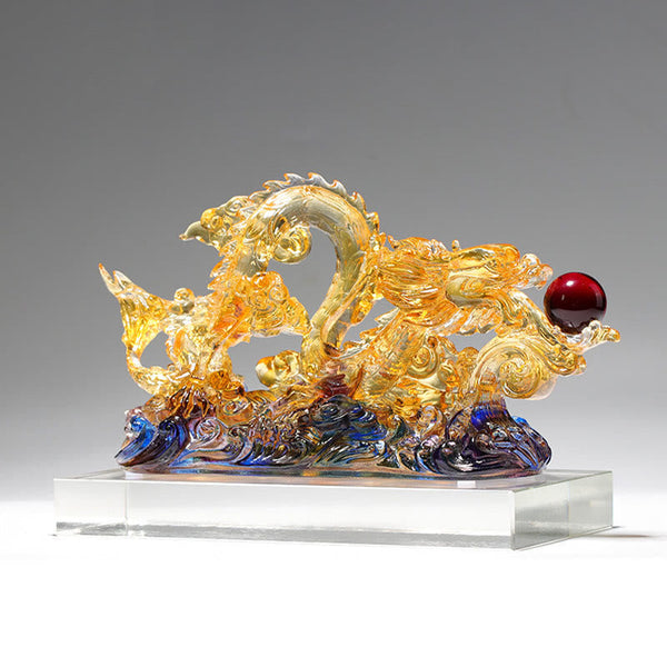 Handmade Dragon Liuli Crystal Art Piece - side angle, amber body with blue-purple wave base, protective