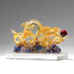Handmade Dragon Liuli Crystal Art Piece - side angle, amber body with blue-purple wave base, protective