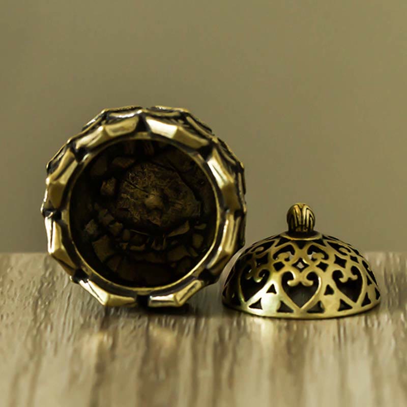 Tibetan Lotus Copper Mini Burner – Open lotus bowl interior, scalloped petal rim, pierced lid