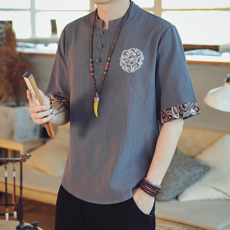 Dragon Embroidery Frog-Button Linen Tang Suit Shirt - Gray mandarin collar with knot buttons, refined