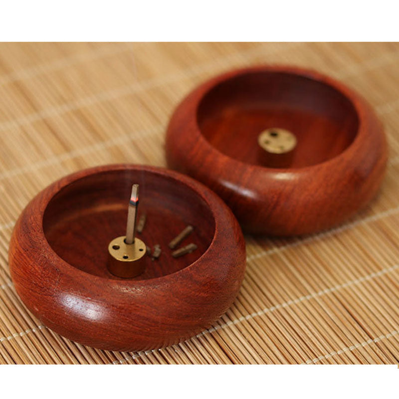 Rosewood Incense Burner – lit incense with ash in front bowl, second holder behind on bamboo mat, grounding