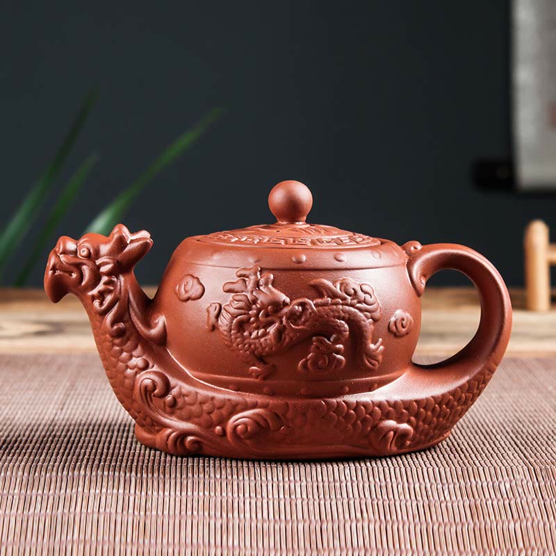 Vintage Dragon Auspicious Clouds Teapot – reddish-brown dragon teapot with cloud motif relief, traditional tea ceremony ware